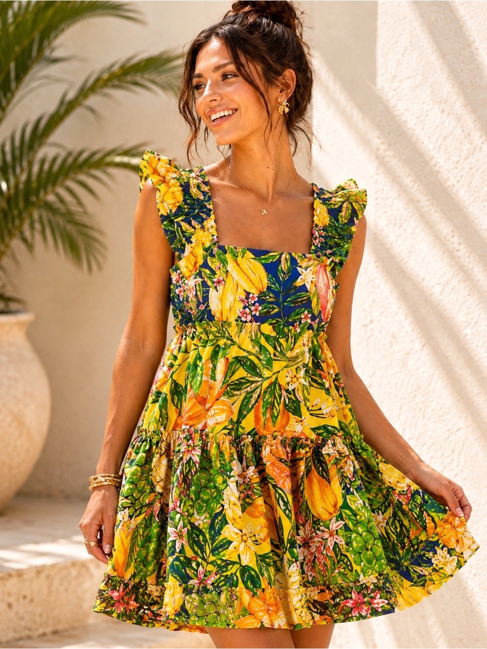 Farm Rio Tropical Fruit Mini Dress Smocked Strap Tiered S